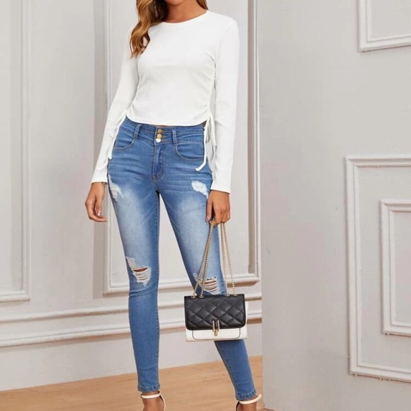 SHEIN Solid Drawstring Ruched Side Ribbed White Tee - Picture 2 of 9